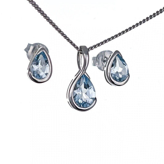 Blue Topaz Set Sterling Silver Pendant Stud Earrings Infinity Loop