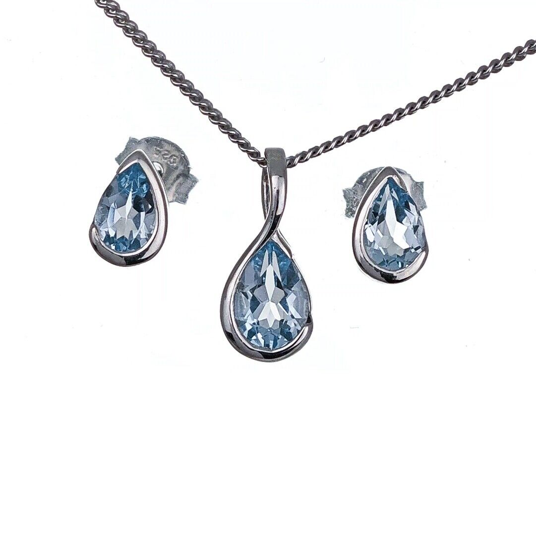 Blue Topaz Set Sterling Silver Pendant Stud Earrings Infinity Loop