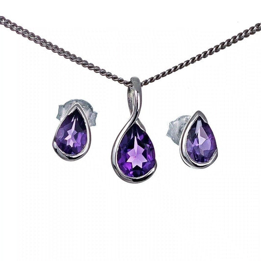 Amethyst Necklace Stud Earring Set Sterling Silver Infinity Loop