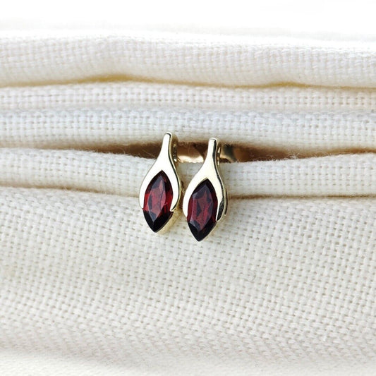 9ct Garnet Earrings Yellow Gold Studs SMALL Minimalist Marquise