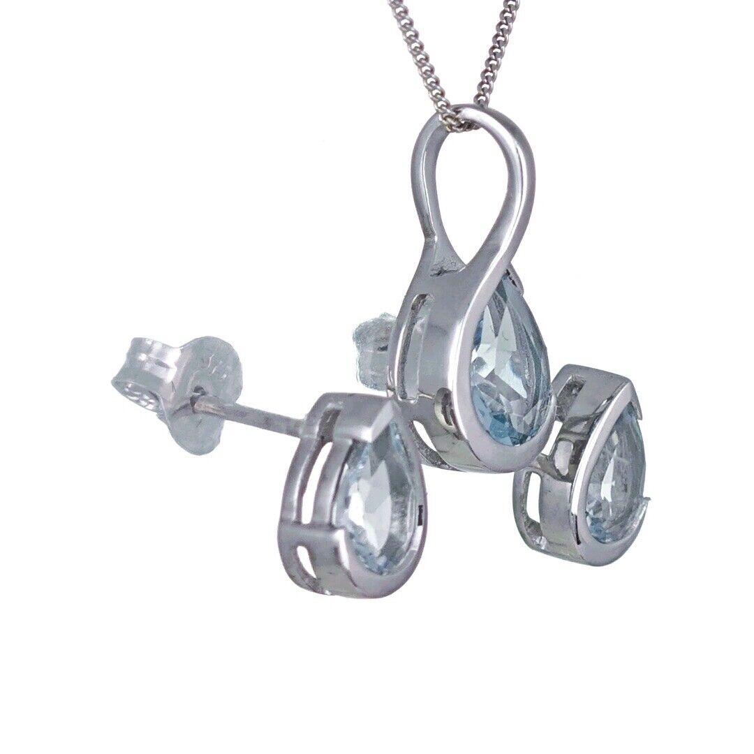 9ct White Gold Aquamarine Set Pendant Earring Infinity Loop
