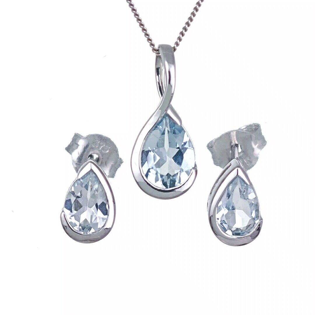 9ct White Gold Aquamarine Set Pendant Earring Infinity Loop