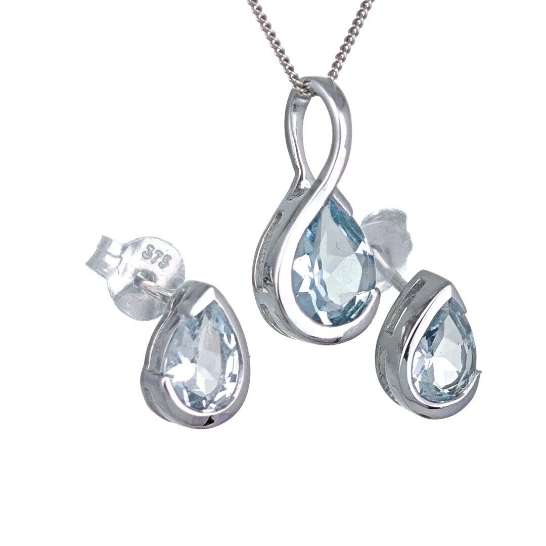 9ct White Gold Aquamarine Set Pendant Earring Infinity Loop