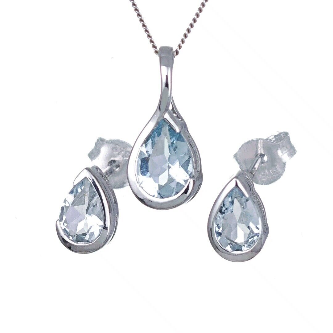 9ct White Gold Aquamarine Set Pendant Earring Infinity Loop