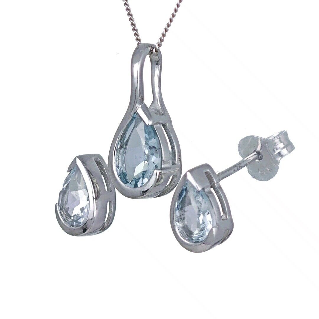 9ct White Gold Aquamarine Set Pendant Earring Infinity Loop