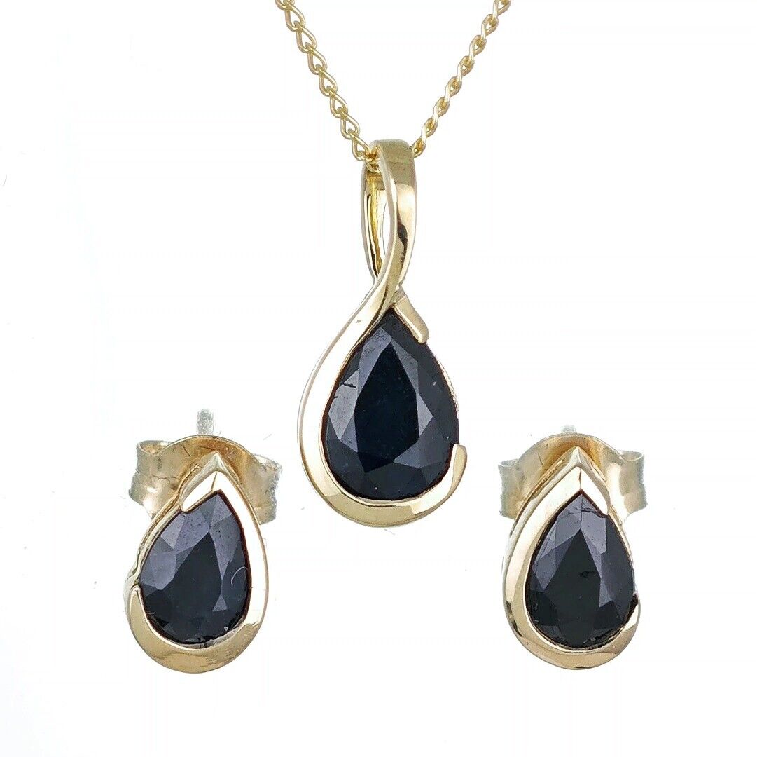 9ct Yellow Gold Sapphire Set Pendant Stud Earrings Infinity Loop Natural Gemstone