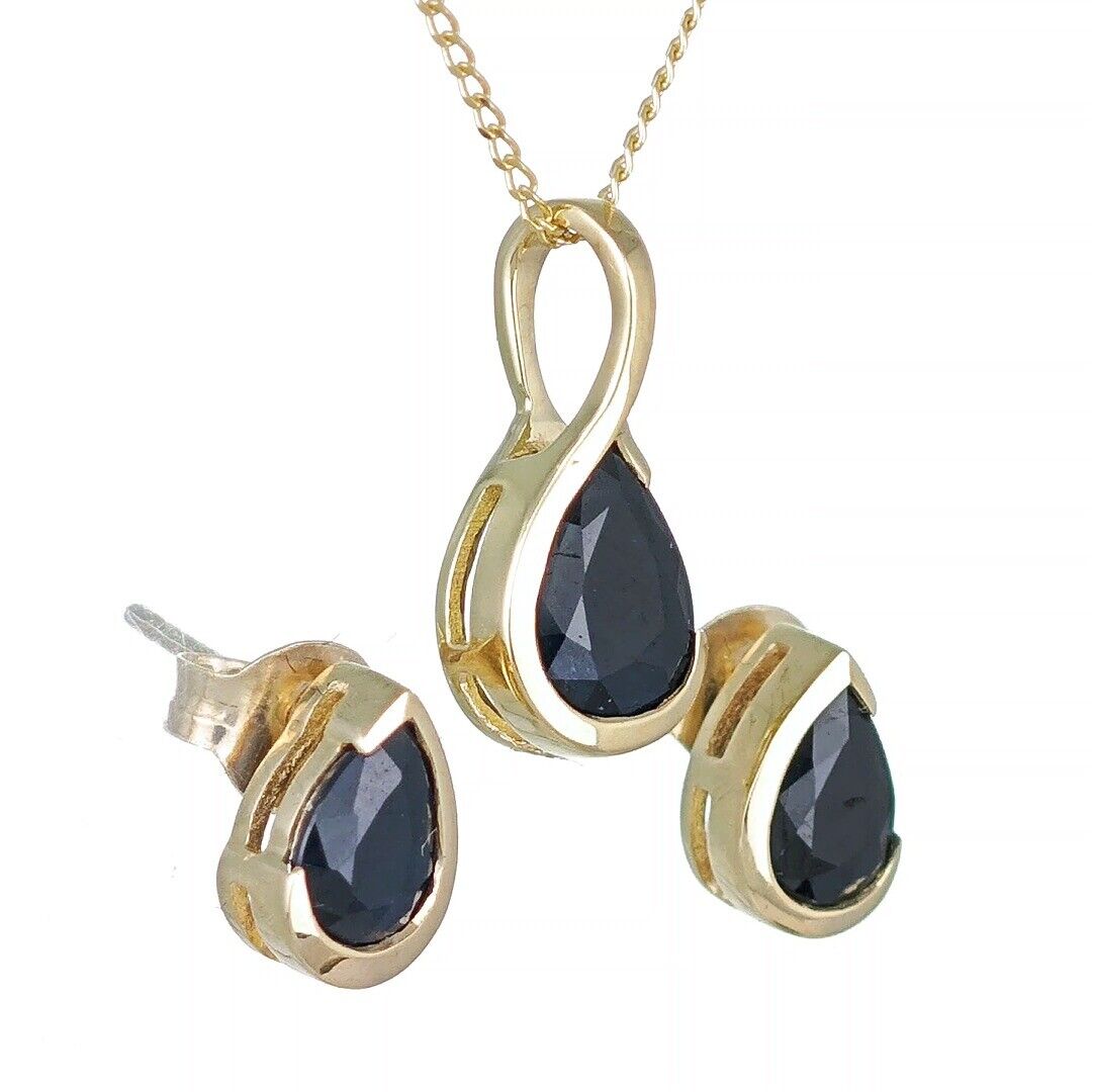 9ct Yellow Gold Sapphire Set Pendant Stud Earrings Infinity Loop Natural Gemstone