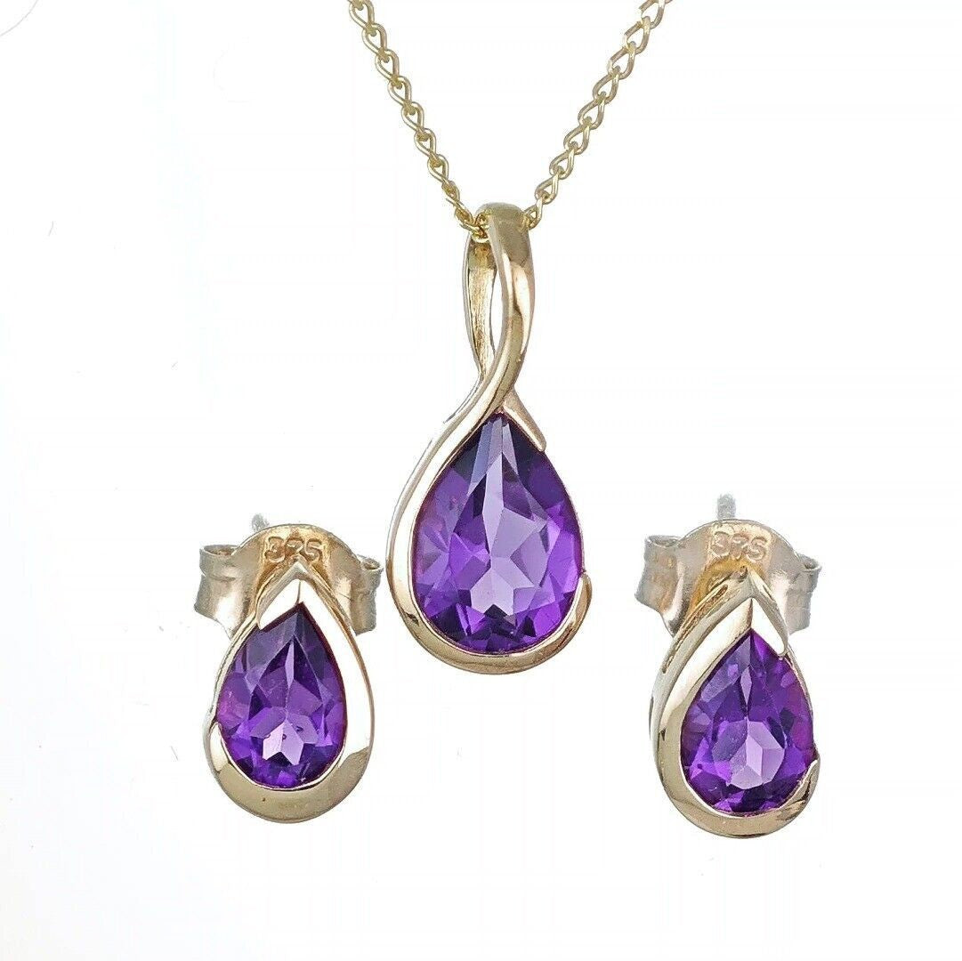 Amethyst Set Pendant and Earrings 9ct Yellow Gold Infinity Loop