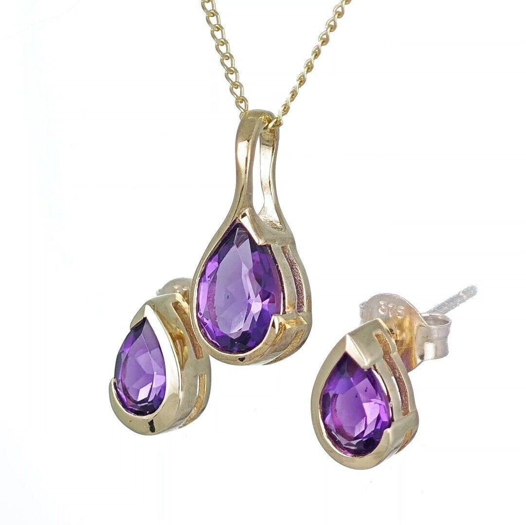 Amethyst Set Pendant and Earrings 9ct Yellow Gold Infinity Loop