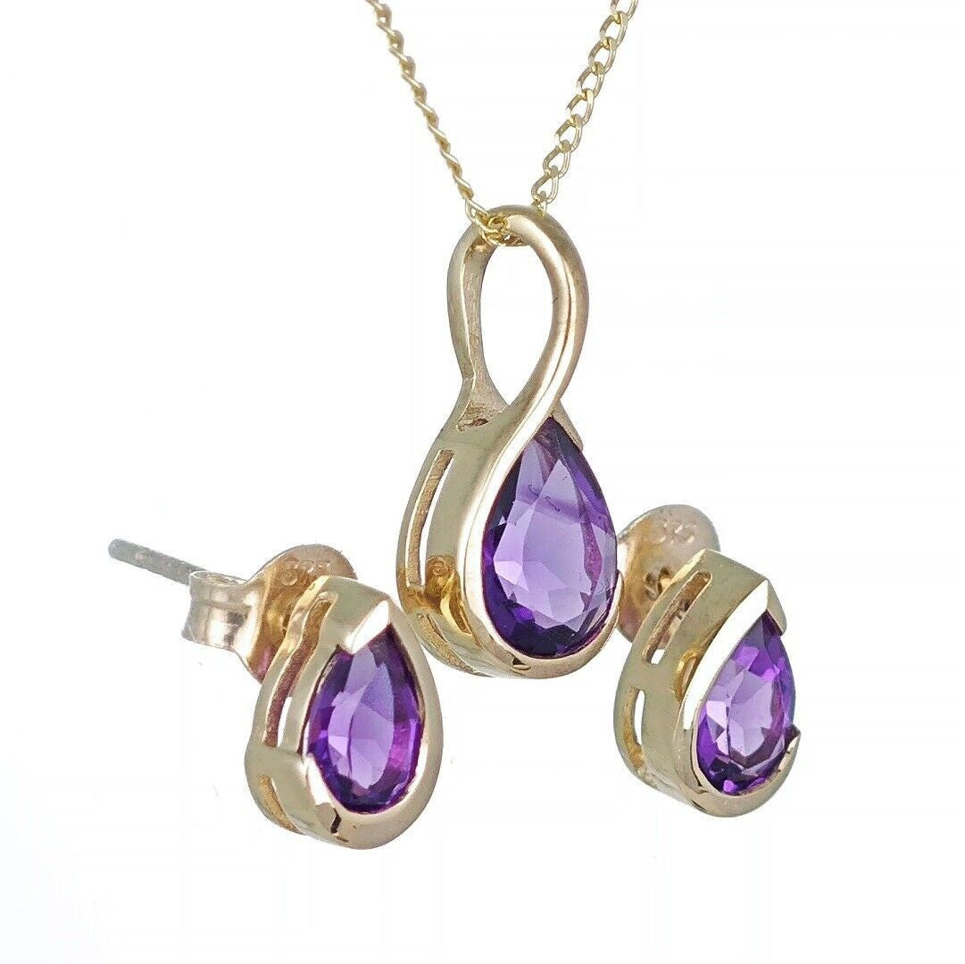 Amethyst Set Pendant and Earrings 9ct Yellow Gold Infinity Loop