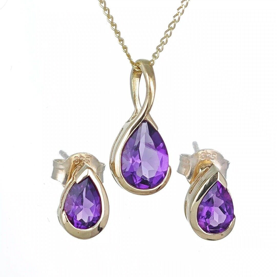 Amethyst Set Pendant and Earrings 9ct Yellow Gold Infinity Loop