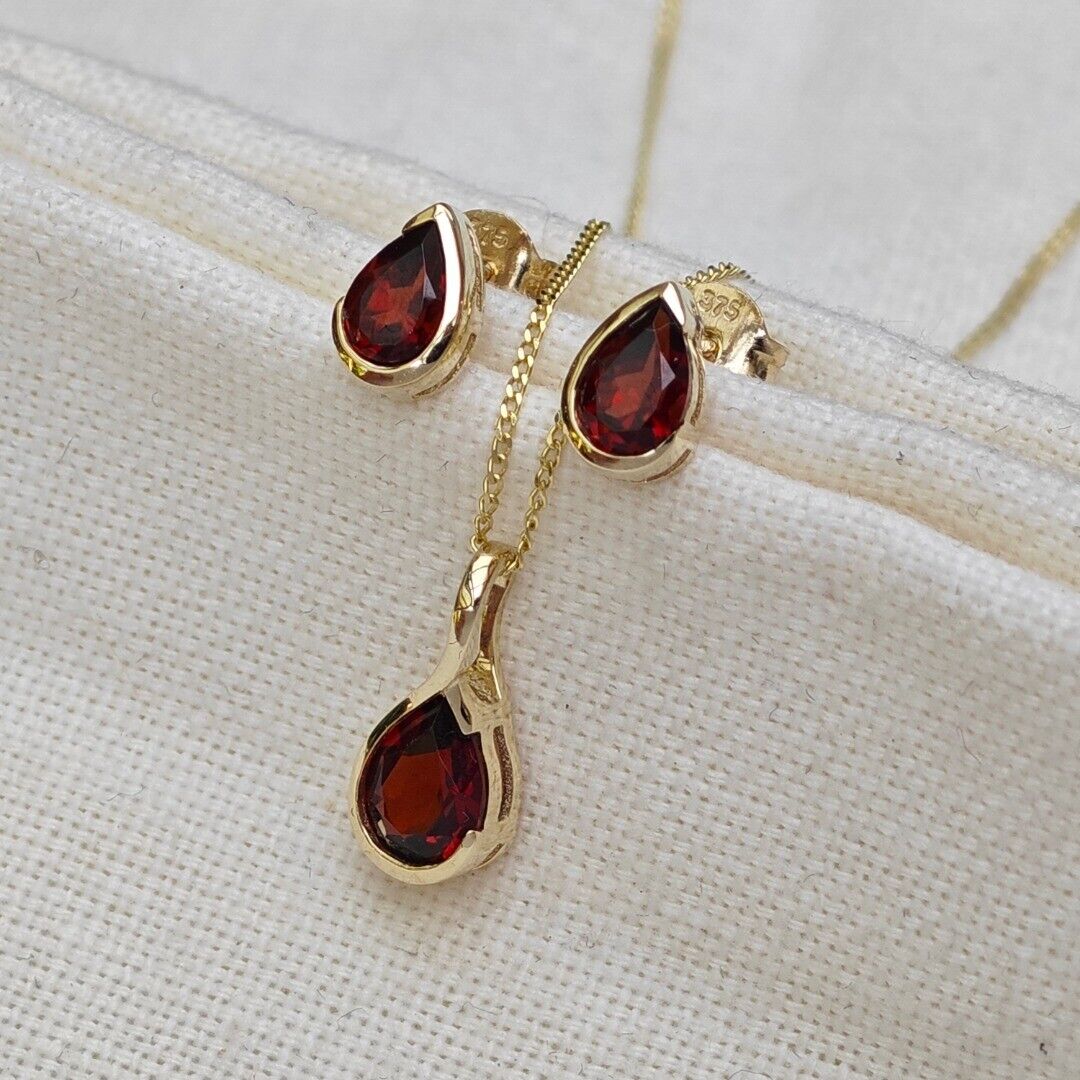 9ct Gold Garnet Set Pendant Earrings Natural Red Gemstones