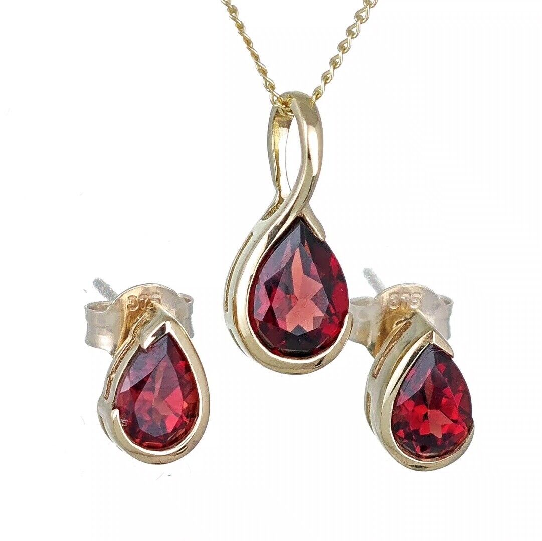 9ct Gold Garnet Set Pendant Earrings Natural Red Gemstones