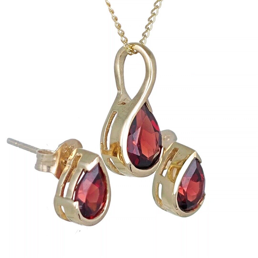 9ct Gold Garnet Set Pendant Earrings Natural Red Gemstones