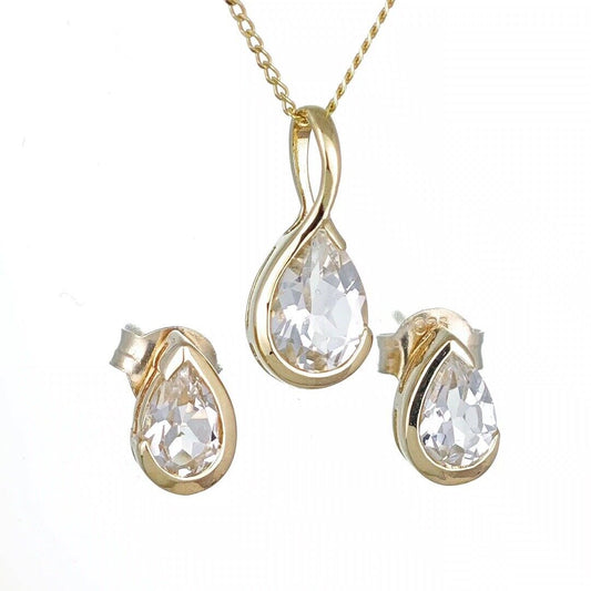 white topaz set pendant and earrings 9ct yellow gold infinity loop designed in the UK