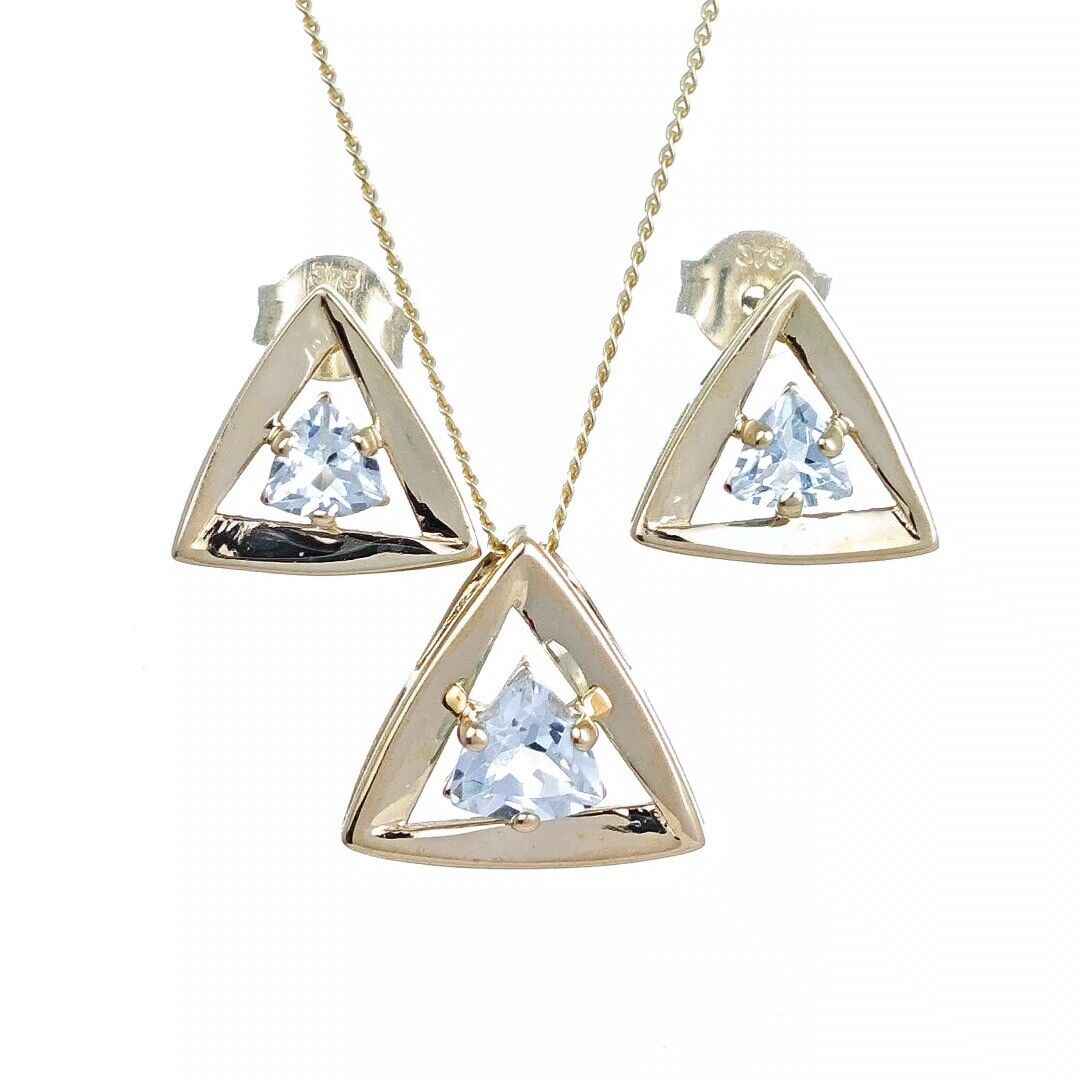 9ct gold topaz set pendant earrings natural blue trillion gemstones designed in the UK