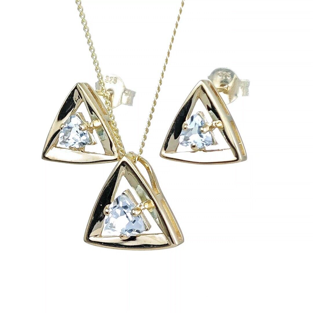 9ct Gold Topaz Set Pendant Earrings Natural Blue Trillion Gemstones