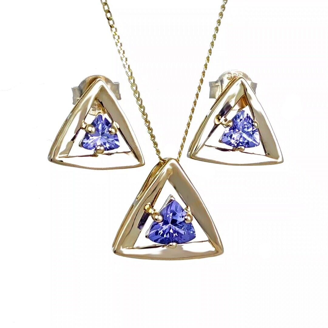 9ct Gold Tanzanite Set Pendant Earrings Natural Blue Trillion Gemstones
