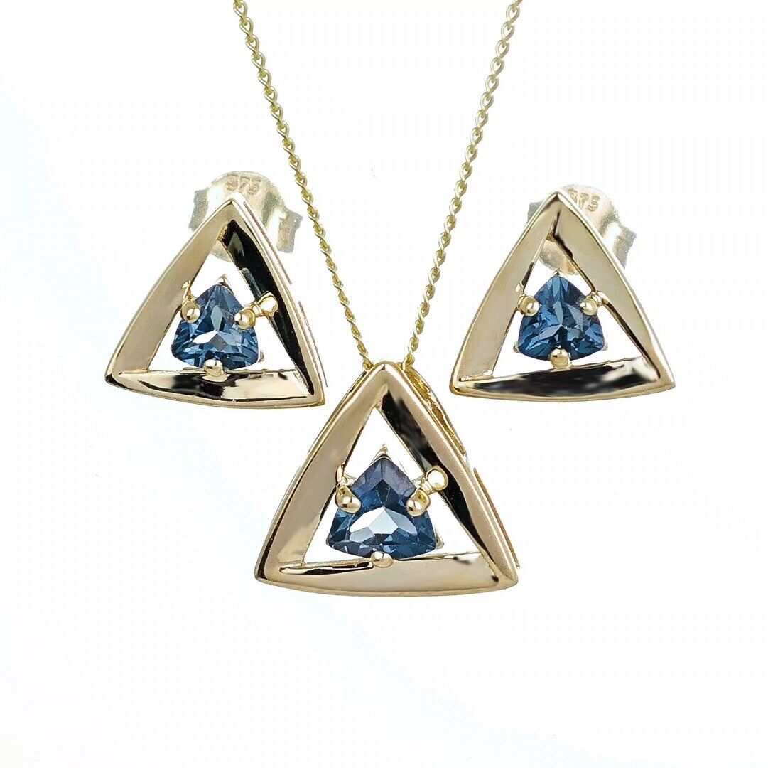 9ct gold london blue topaz set pendant stud earrings natural trillion gemstones designed in the UK