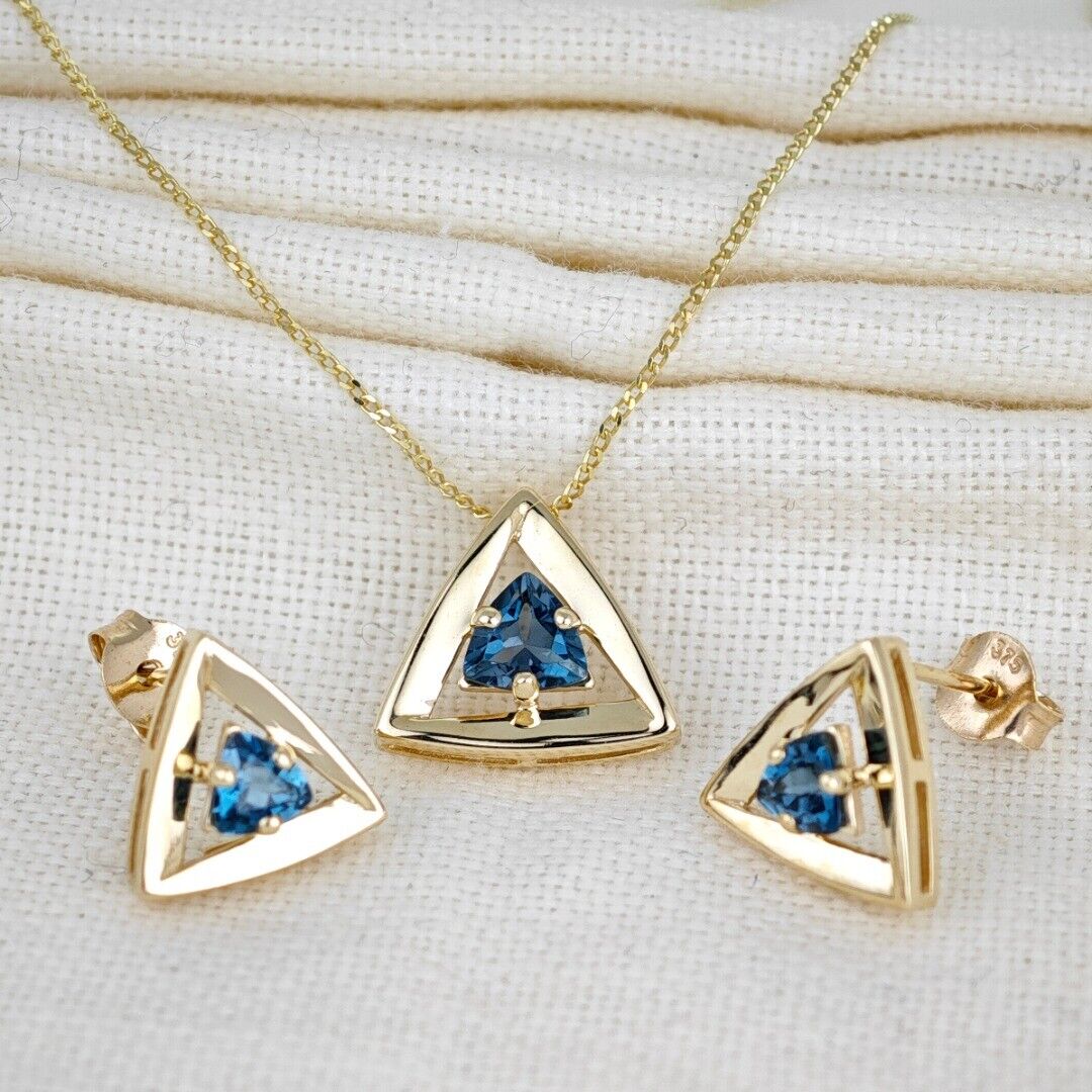 London Blue Topaz Trillion Jewellery Set in 9ct Gold