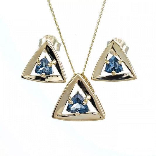 9ct Gold London Blue Topaz Set Pendant Stud Earrings Natural Trillion Gemstones