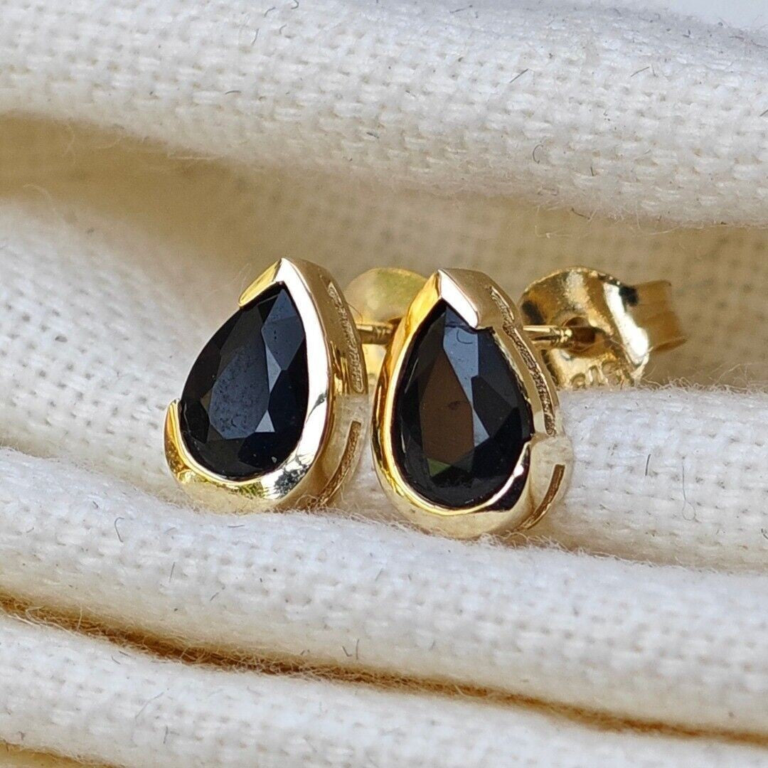 9ct Yellow Gold Sapphire Earrings Natural Inky Blue Gemstone Studs Handmade