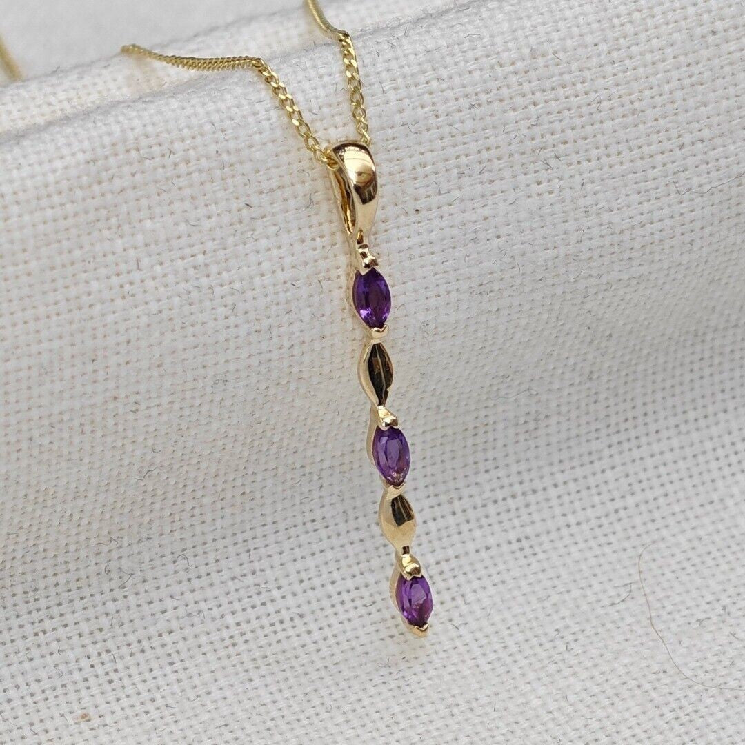 Amethyst Pendant 9ct Yellow Gold Purple Marquise Natural Gemstone