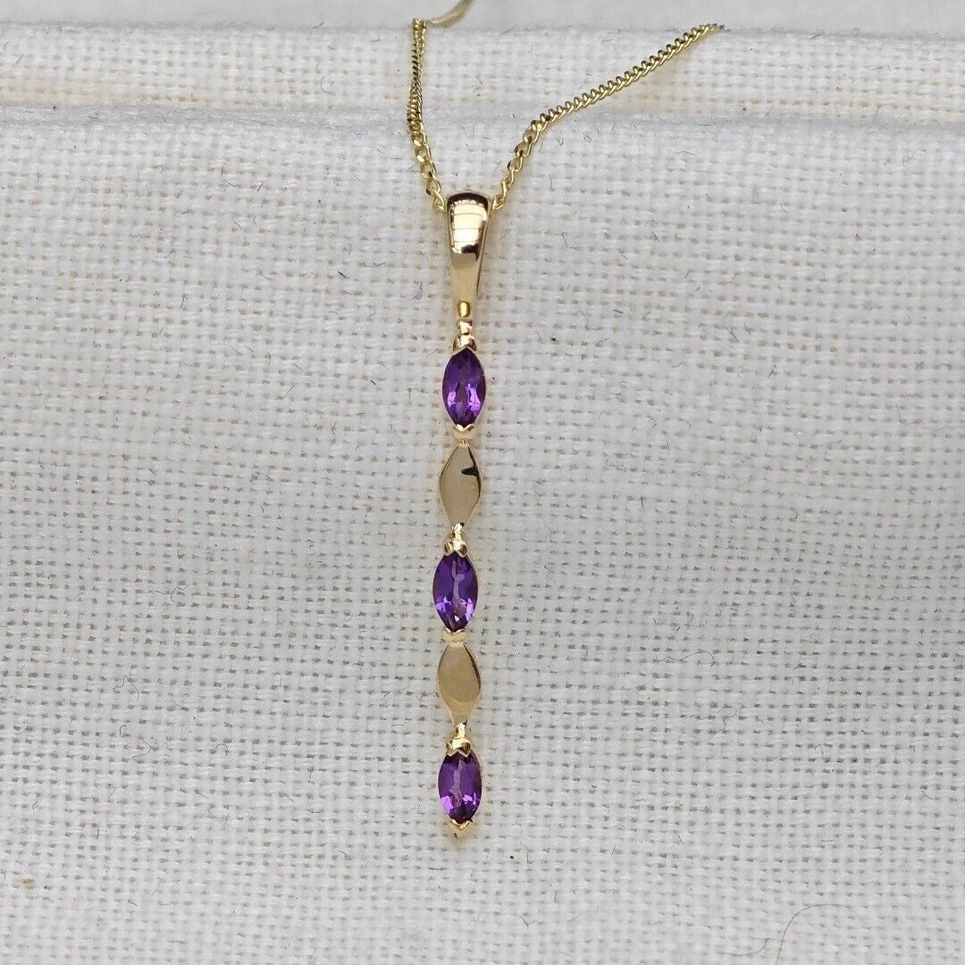 Amethyst Pendant 9ct Yellow Gold Purple Marquise Natural Gemstone