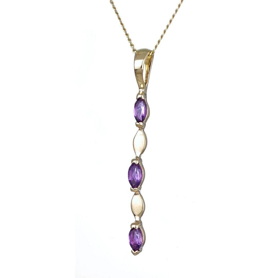 Amethyst Pendant 9ct Yellow Gold Purple Marquise Natural Gemstone