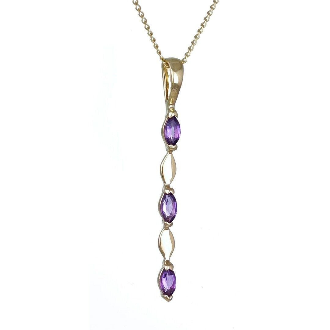 Amethyst Pendant 9ct Yellow Gold Purple Marquise Natural Gemstone