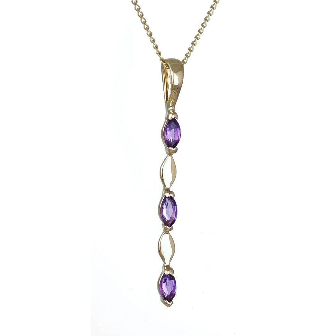 Amethyst Pendant 9ct Yellow Gold Purple Marquise Natural Gemstone