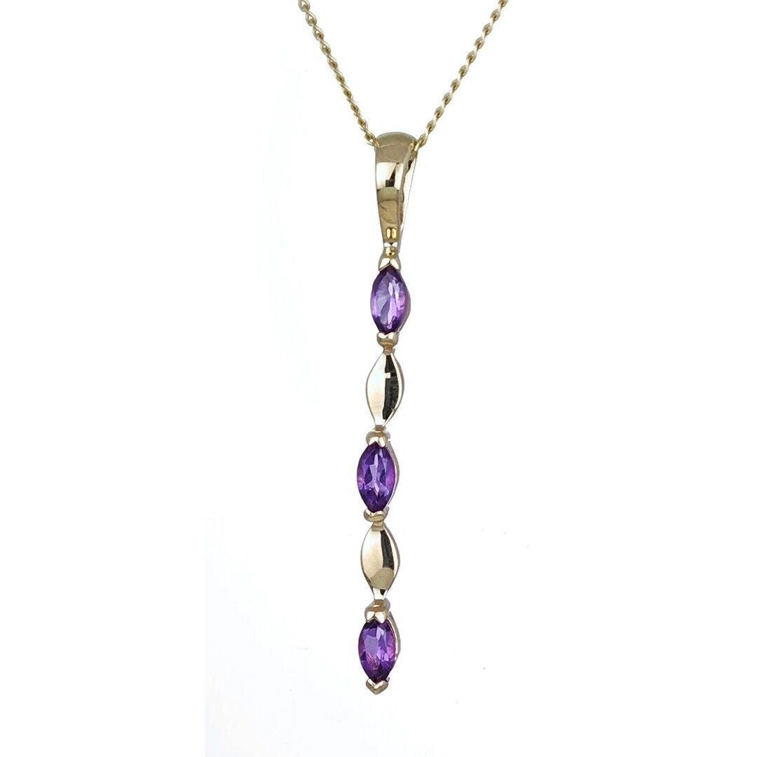 Amethyst Pendant 9ct Yellow Gold Purple Marquise Natural Gemstone