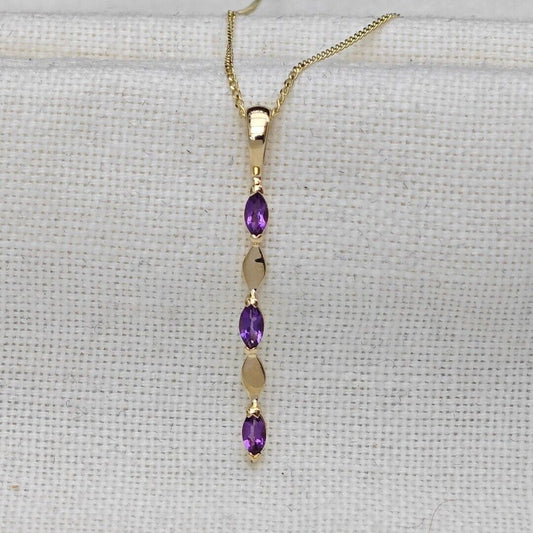 Amethyst Pendant 9ct Yellow Gold Purple Marquise Natural Gemstone