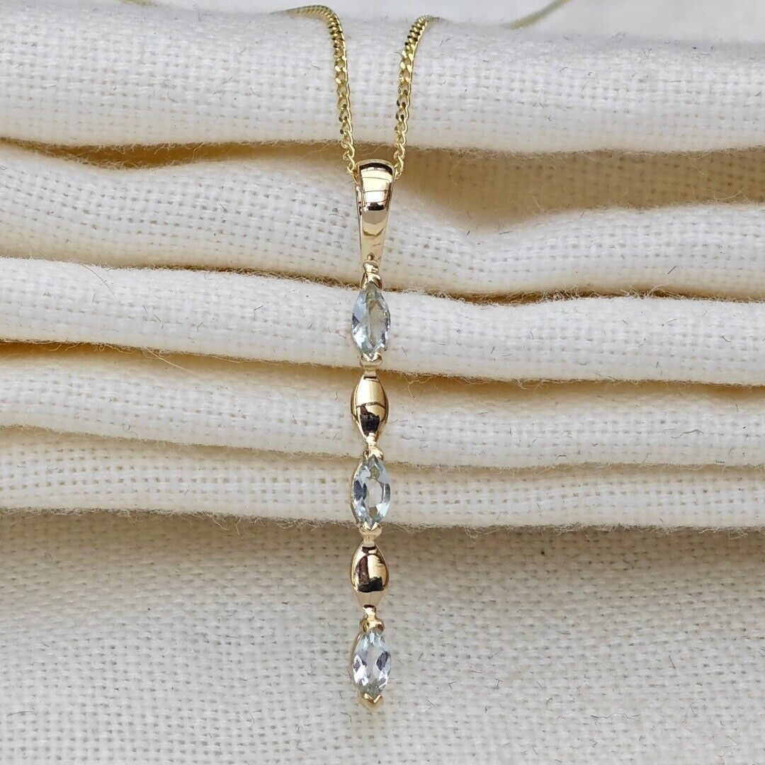 9ct Yellow Gold Aquamarine Necklace Natural Blue Marquise Gemstones