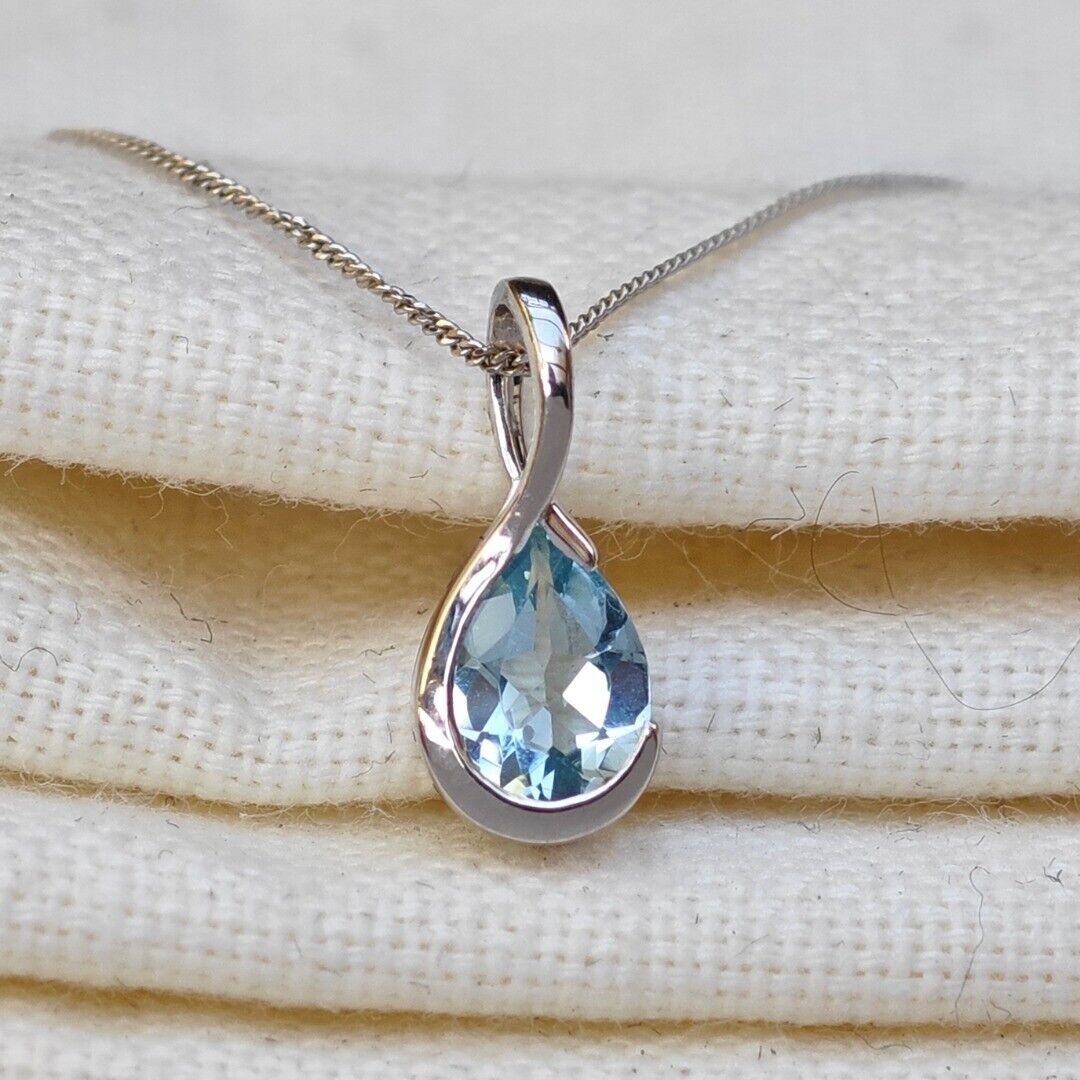 9ct White Gold Aquamarine Necklace Infinity Loop Natural Blue Gemstone