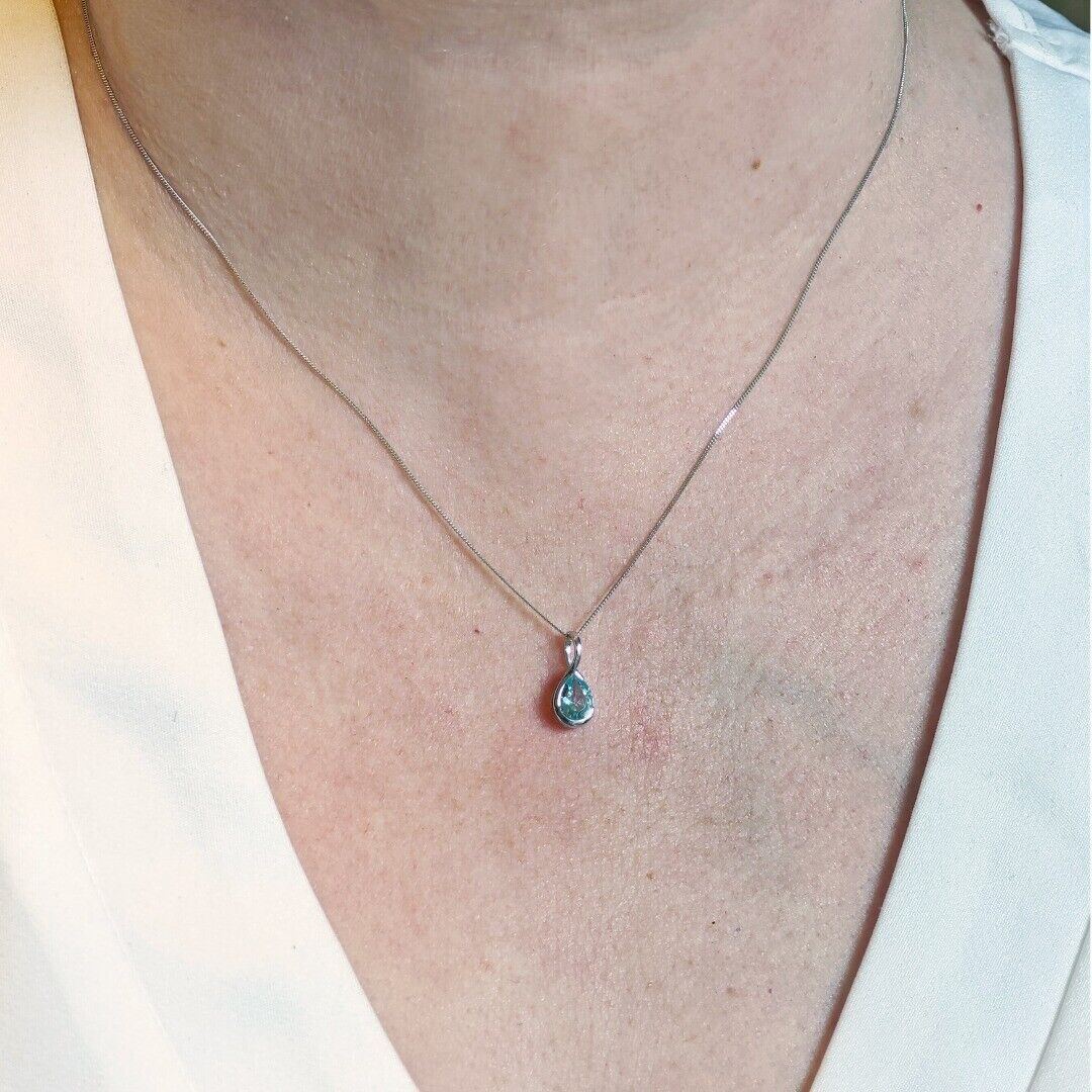 9ct White Gold Aquamarine Necklace Infinity Loop Natural Blue Gemstone