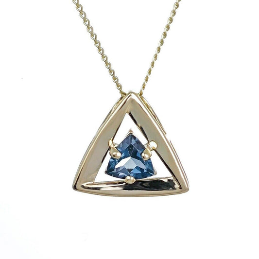 9ct Yellow Gold Topaz Pendant  Natural Treated London Blue Trillion Gemstone