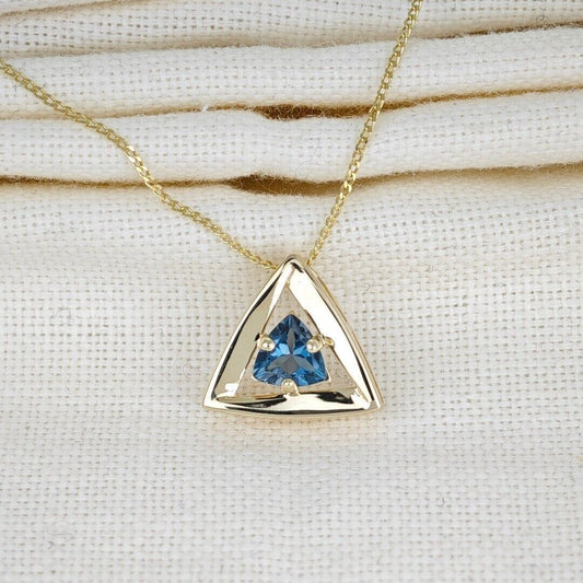 9ct Yellow Gold Topaz Pendant  Natural Treated London Blue Trillion Gemstone