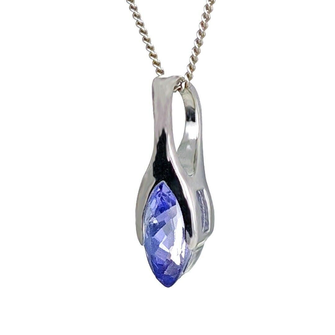 9ct White Gold Tanzanite Pendant SMALL Minimalist Marquise Blue Natural Gemstone