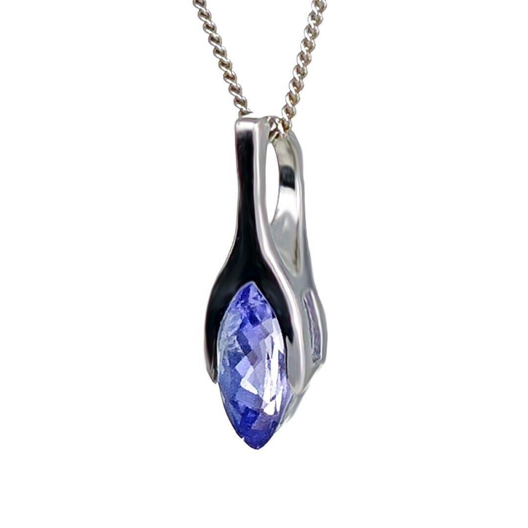 9ct White Gold Tanzanite Pendant SMALL Minimalist Marquise Blue Natural Gemstone