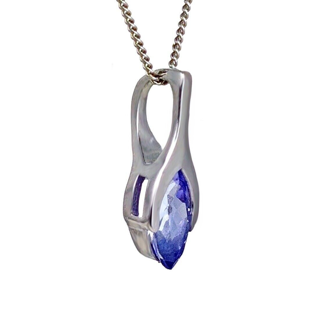 9ct White Gold Tanzanite Pendant SMALL Minimalist Marquise Blue Natural Gemstone