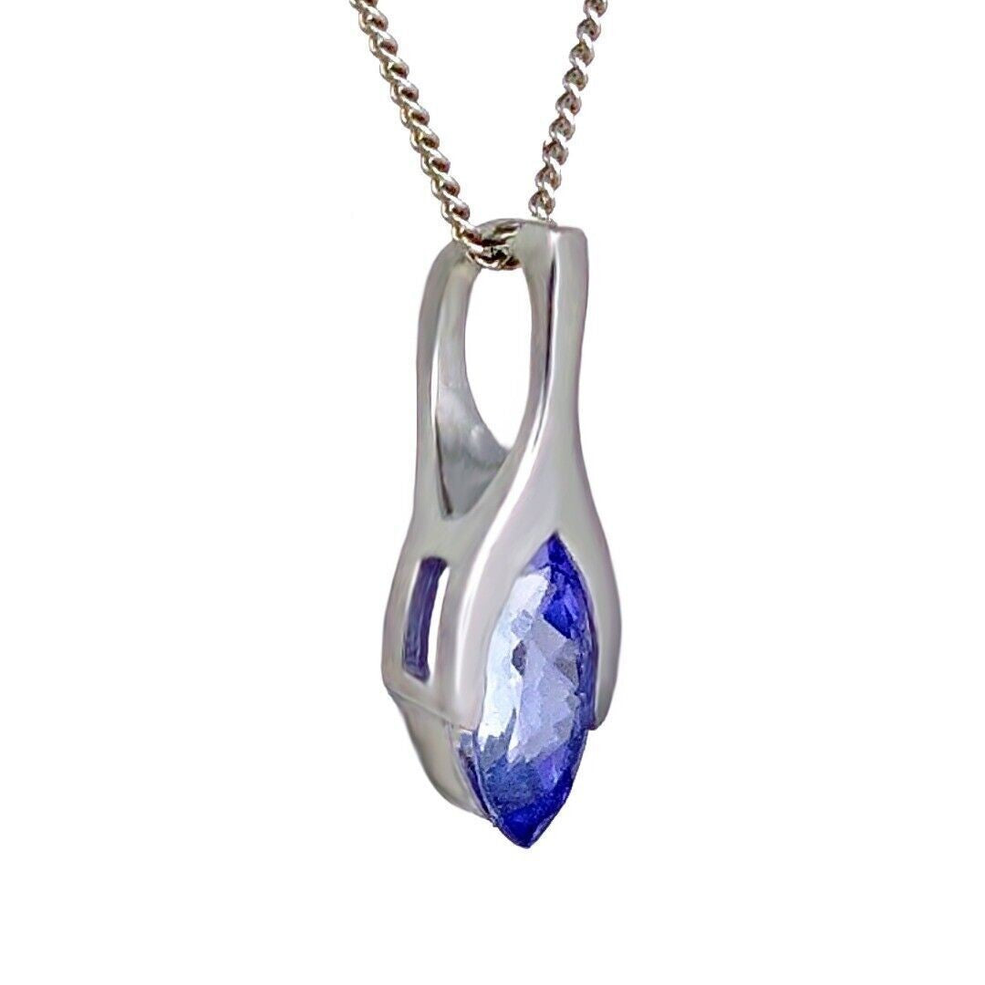 9ct White Gold Tanzanite Pendant SMALL Minimalist Marquise Blue Natural Gemstone