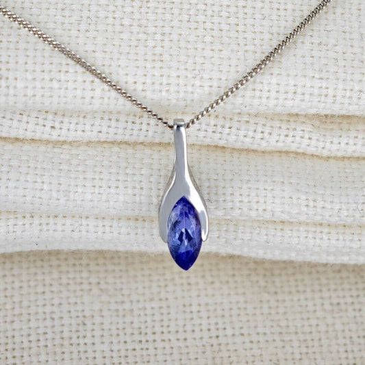 9ct White Gold Tanzanite Pendant SMALL Minimalist Marquise Blue Natural Gemstone