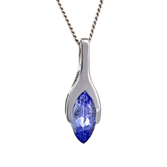 9ct White Gold Tanzanite Pendant SMALL Minimalist Marquise Blue Natural Gemstone