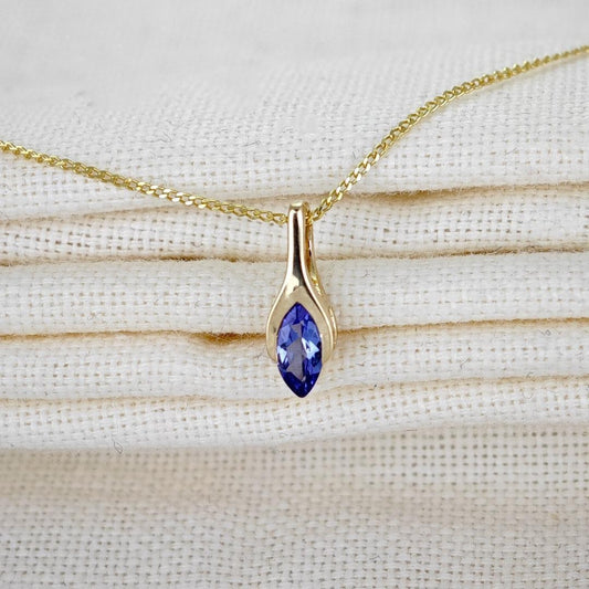 9ct Gold Tanzanite Pendant SMALL Minimalist Marquise Blue Natural Gemstone