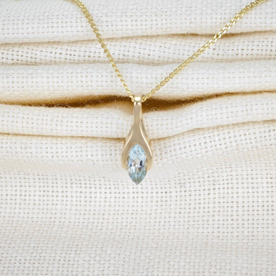 9ct Gold Aquamarine Pendant Minimalist Marquise