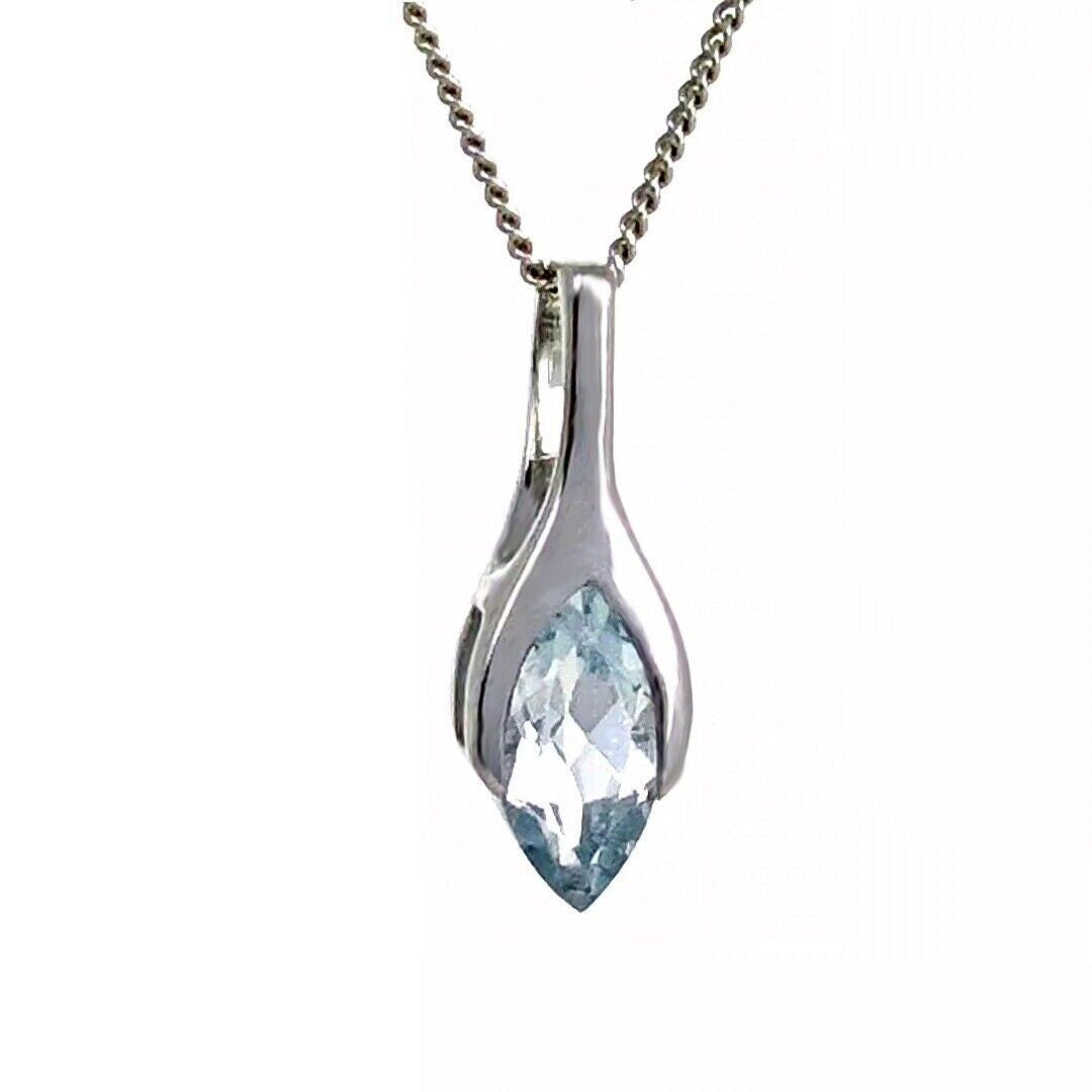 9ct White Gold Aquamarine Pendant Minimalist Marquise Natural Gemstone