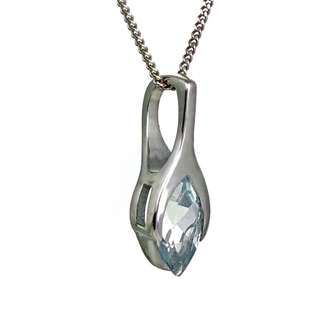 9ct White Gold Aquamarine Pendant Minimalist Marquise Natural Gemstone
