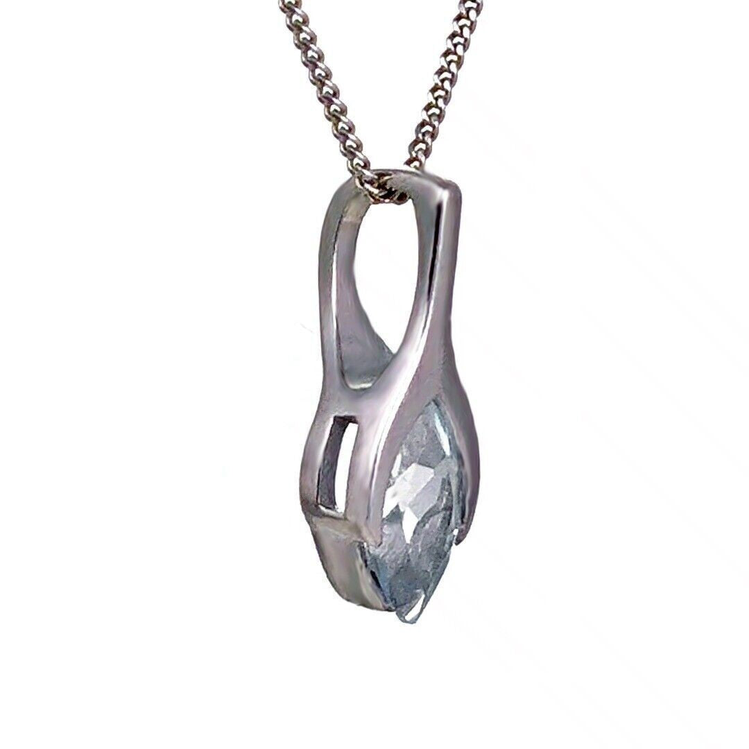 9ct White Gold Aquamarine Pendant Minimalist Marquise Natural Gemstone