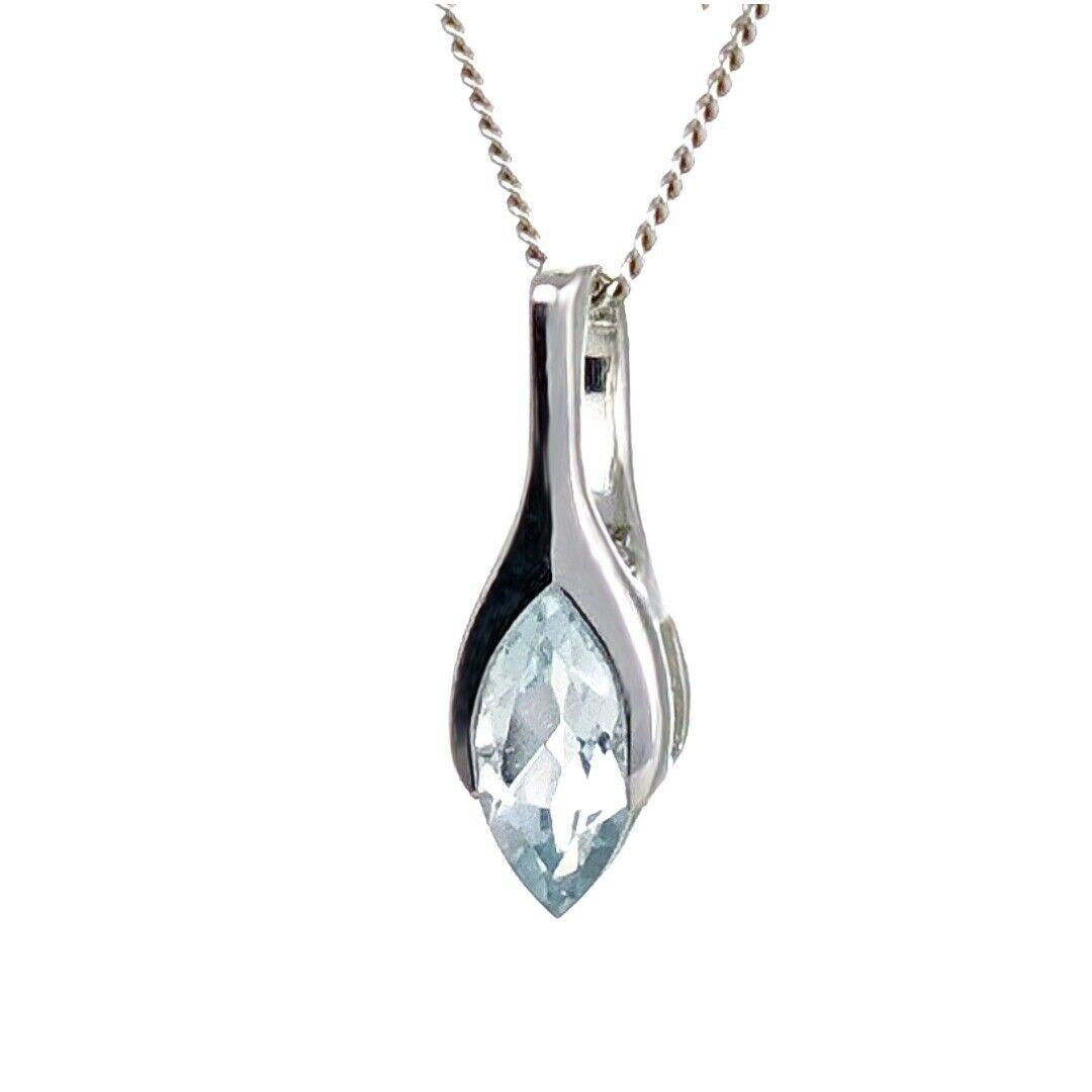 9ct White Gold Aquamarine Pendant Minimalist Marquise Natural Gemstone